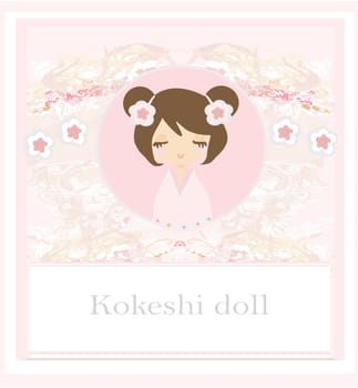 Kokeshi doll on the pink background with floral ornament