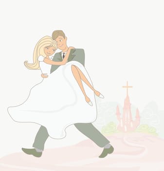 wedding couple and church on background