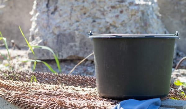 Black plastic bucket with water in the summer garden. Rainwater tank in the garden, hot summer day. Vessel for watering the garden
