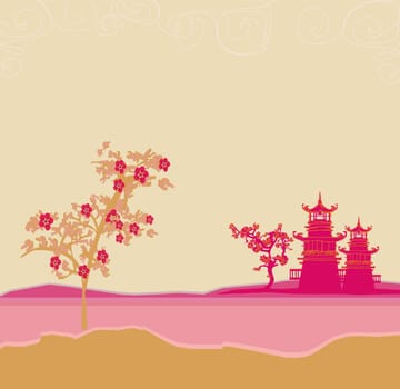 old paper with Chinese temple on abstract Asian Landscape