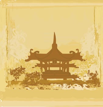 old paper with Chinese temple on abstract Asian Landscape