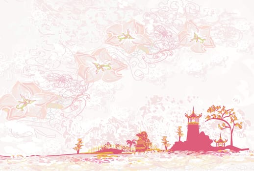 old paper with Chinese temple on abstract Asian Landscape