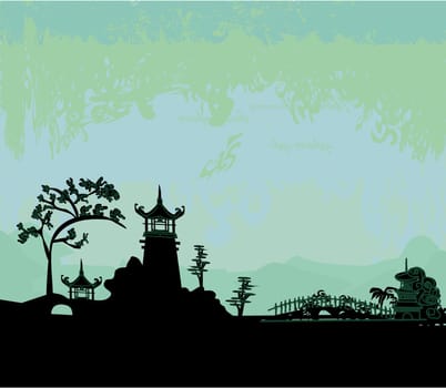 old paper with Chinese temple on abstract Asian Landscape