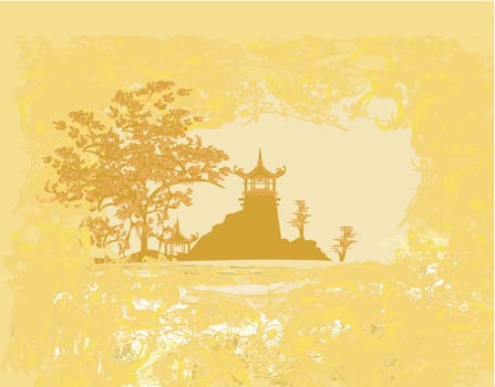 old paper with Chinese temple on abstract Asian Landscape