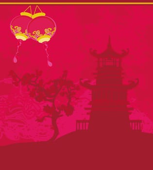 old paper with Asian Landscape and Chinese Lanterns - vintage japanese style background