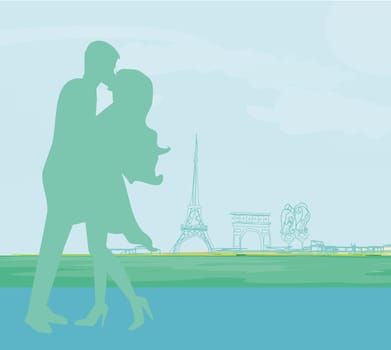 Romantic couple in Paris kissing near the Eiffel Tower