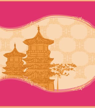old paper with Chinese temple on abstract Asian Landscape