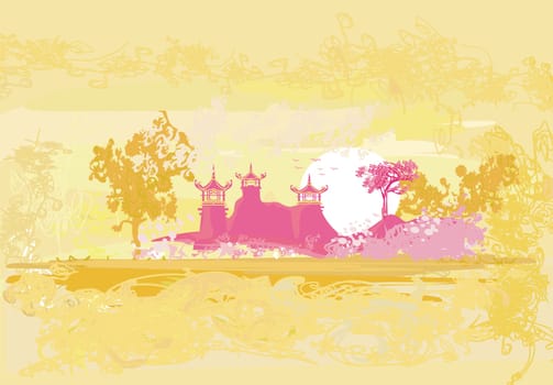 old paper with Chinese temple on abstract Asian Landscape
