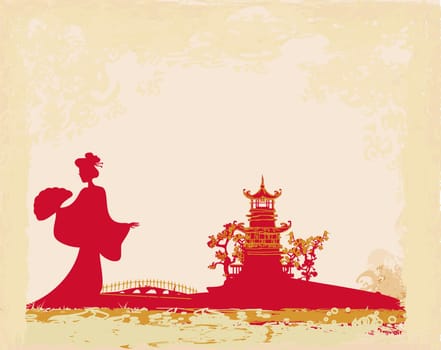 old paper with geisha silhouette and Asian Landscape