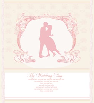 Floral greeting card with silhouette of romantic couple