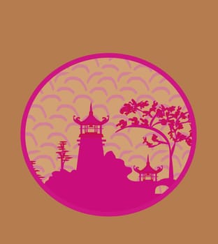 old paper with Chinese temple on abstract Asian Landscape
