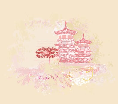 old paper with Chinese temple on abstract Asian Landscape