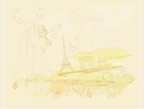 Romantic couple in Paris kissing near the Eiffel Tower