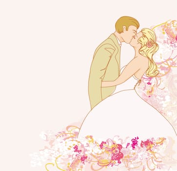 elegant wedding invitation with wedding couple kissing