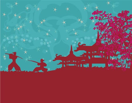 Samurai silhouette in Asian Landscape