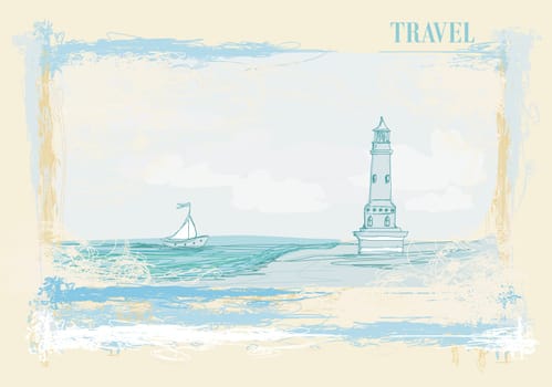 lighthouse seen from a tiny beach - Grunge Poster