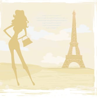 slim women silhouette Shopping in Paris - vector card