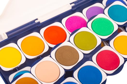 New Paintbox with set of watercolors isolated over white background.