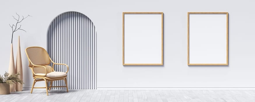 Two mock up poster frames with elegant vases in modern interior background 3D render 3D illustration