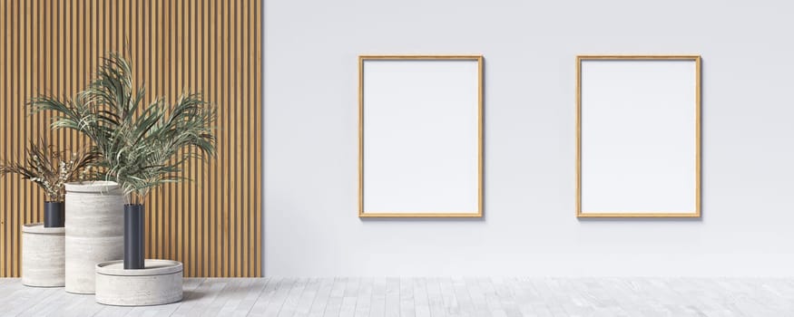 Two mock up poster frames with plants in modern interior background 3D render 3D illustration