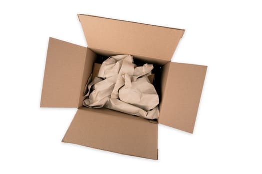 Open Shipping Parcel from above with wrappng paper isolated over white background
