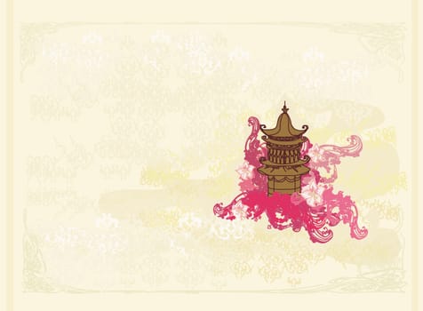 old paper with Chinese temple on abstract Asian Landscape