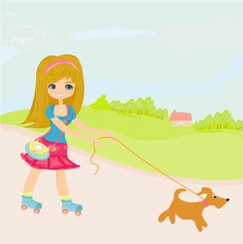 Girl rollerskating walking the dog on rural landscape