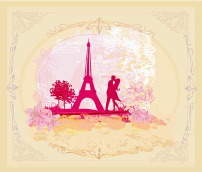 Romantic couple in Paris kissing near the Eiffel Tower