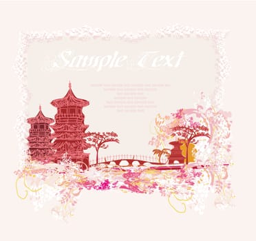old paper with Chinese temple on abstract Asian Landscape