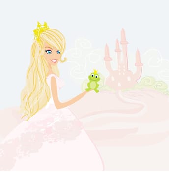 Beautiful young princess holding a big green frog