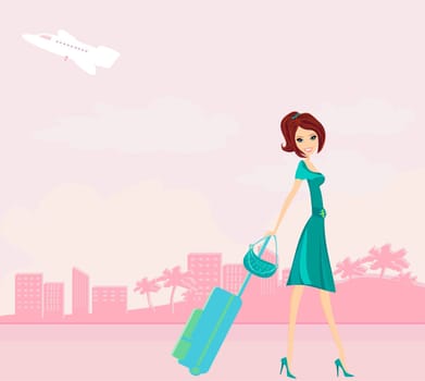 beauty travel girl with baggage on the airport
