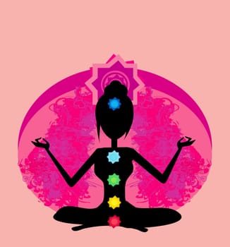 Yoga lotus pose. Padmasana with colored chakra points.