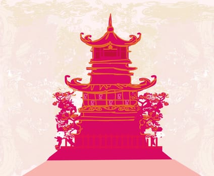 old paper with Chinese temple on abstract Asian Landscape