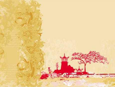old paper with Chinese temple on abstract Asian Landscape