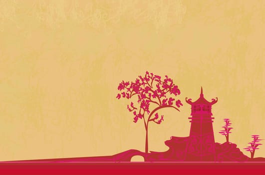 old paper with Chinese temple on abstract Asian Landscape