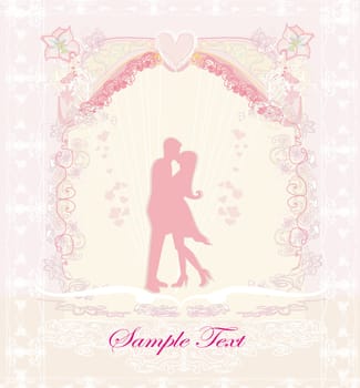 Floral greeting card with silhouette of romantic couple