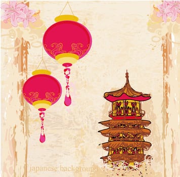 old paper with Asian Landscape and Chinese Lanterns - vintage japanese style background
