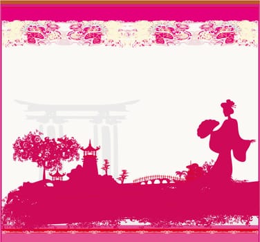 old paper with geisha silhouette and Asian Landscape