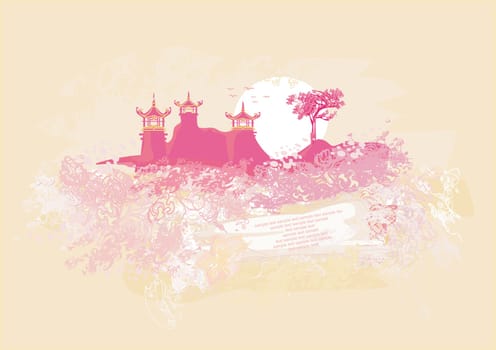 old paper with Chinese temple on abstract Asian Landscape