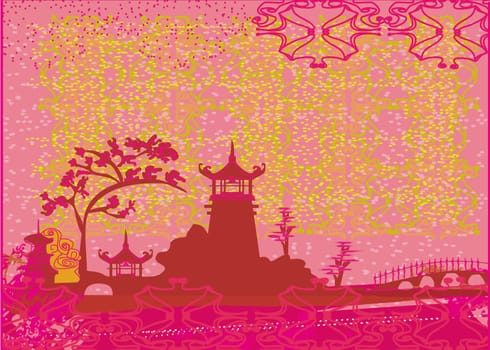 old paper with Chinese temple on abstract Asian Landscape