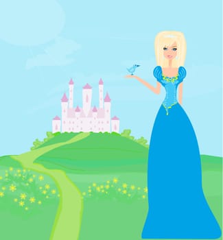 Beautiful young princess in front of her castle
