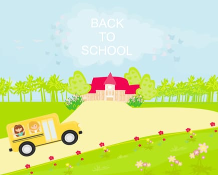 school bus heading to school with happy children