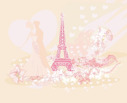 Romantic couple in Paris dancing near the Eiffel Tower. Retro card.