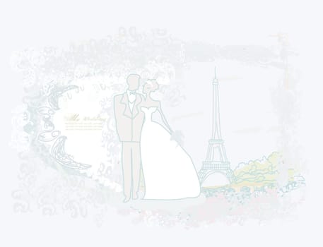 Romantic wedding couple in Paris near the Eiffel Tower card