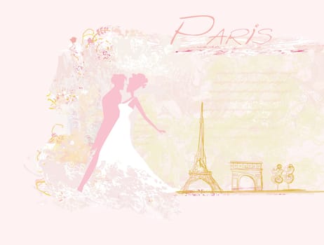 Romantic couple in Paris dancing near the Eiffel Tower. Retro card.