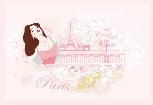 beautiful girl portrait with tour eiffel on the background