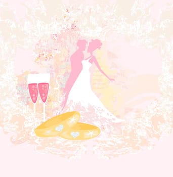 elegant wedding invitation with gold rings and dancing wedding couple silhouette