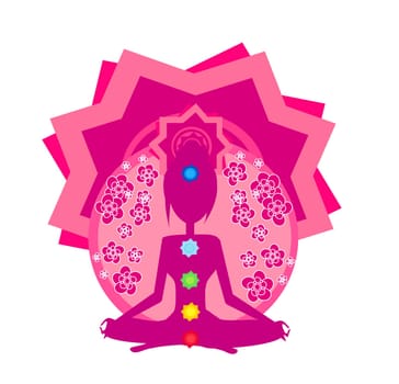 Yoga woman silhouette in lotus pose. Padmasana with colored chakra points.