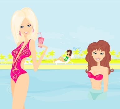 vector image of girls and tropical pool