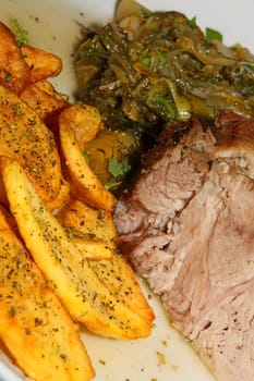Meat with potatoes close up traditional greek food porn modern high quality print